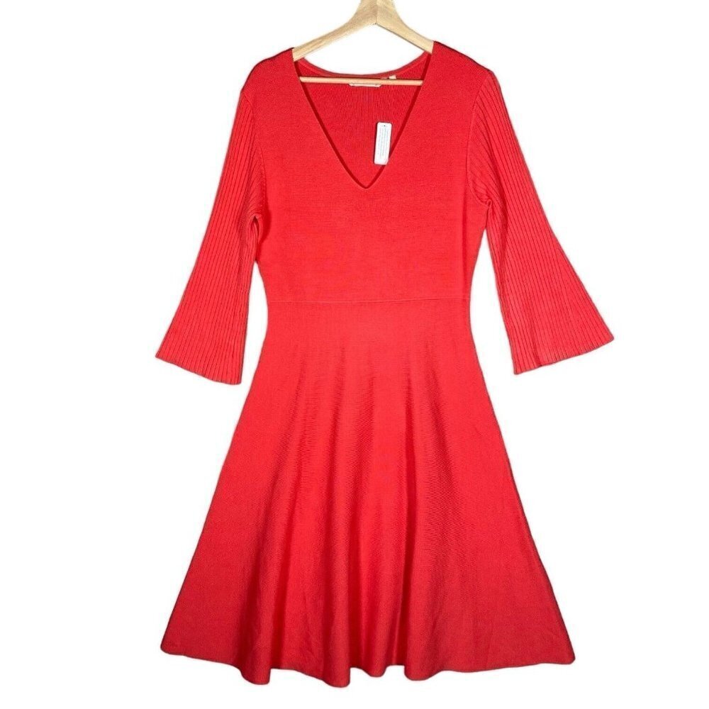 Soft Surroundings Midi Dress Coral V-Neck Ribbed Yarn Knit A Line Skater